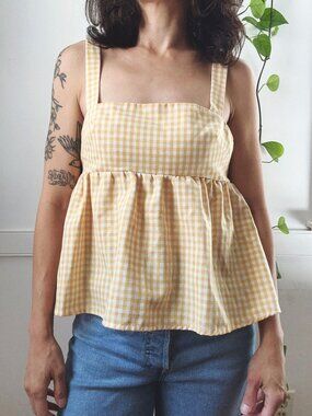Yellow Gingham Peplum Top Open Back Tie Square Neckline Coquette Cottagecore S M